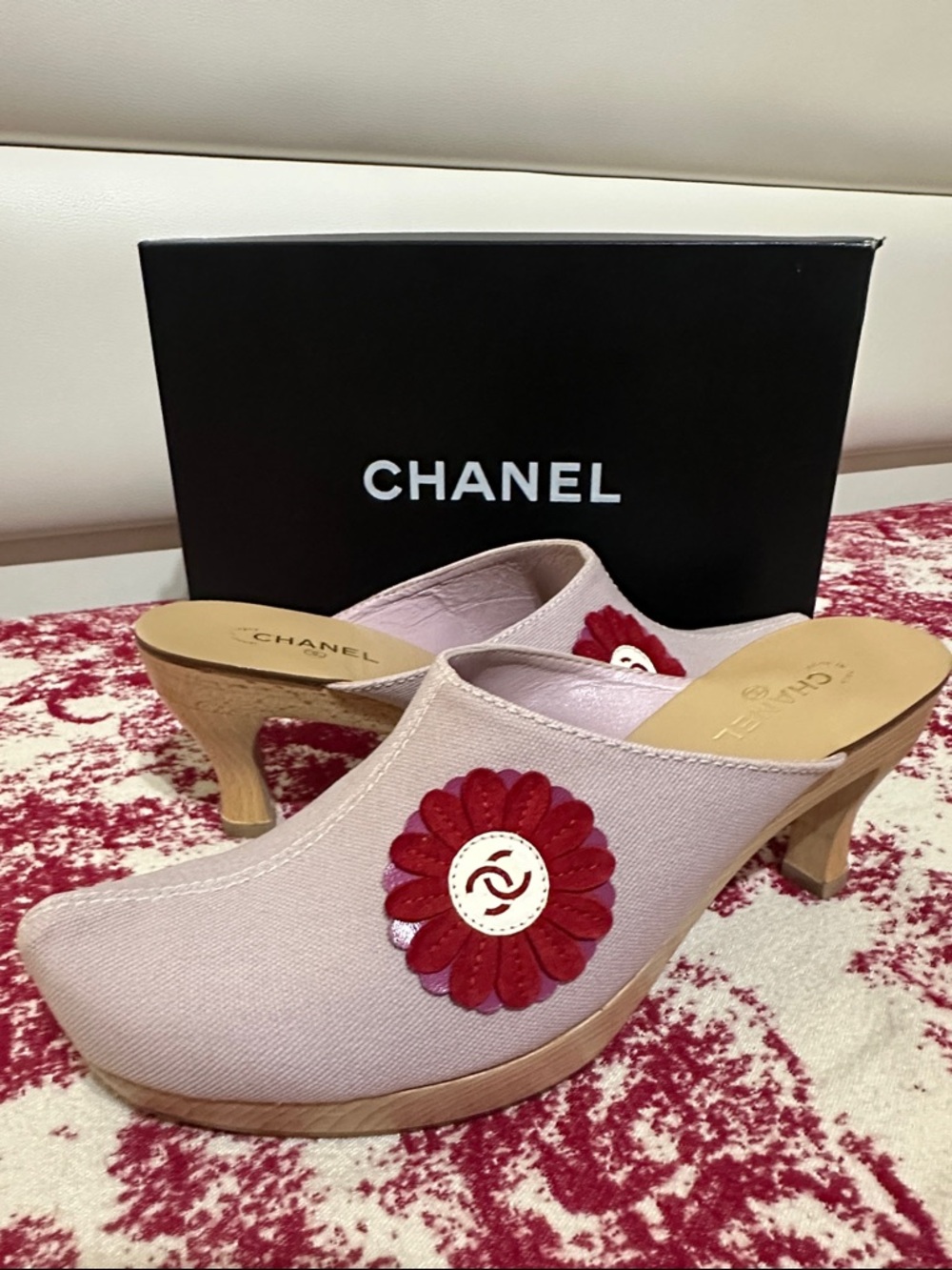 CHANEL Light Purple Canvas Mules with Red Flower Accent